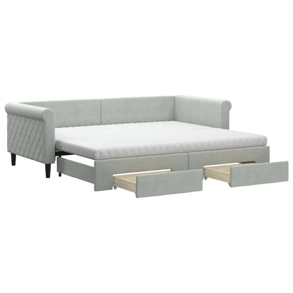 Slaapbank Onderschuifbed En Lades Fluweel 90 x 200 cm Lichtgrijs met onderschuifbed en lade en matras