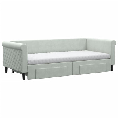 Slaapbank Onderschuifbed En Lades Fluweel 90 x 200 cm Lichtgrijs met onderschuifbed en lade en matras