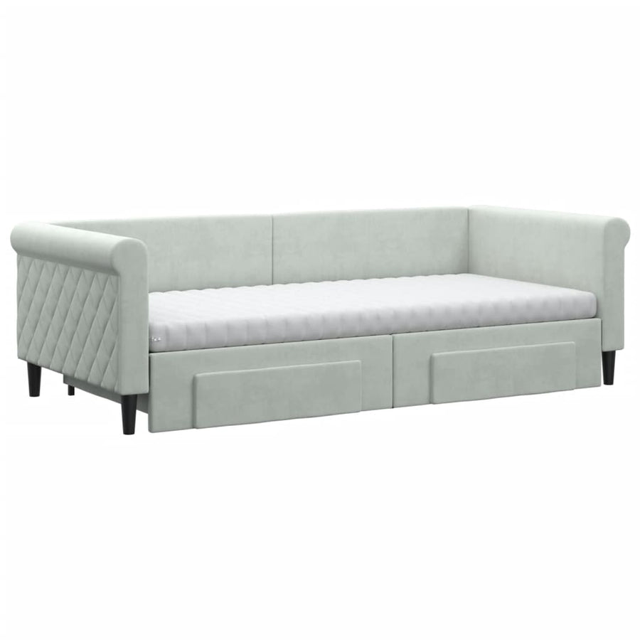 Slaapbank Onderschuifbed En Lades Fluweel 90 x 200 cm Lichtgrijs met onderschuifbed en lade en matras