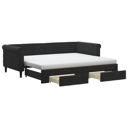 Slaapbank Met Onderschuifbed En Lades Fluweel 90 x 200 cm Zwart met onderschuifbed en lade en matras