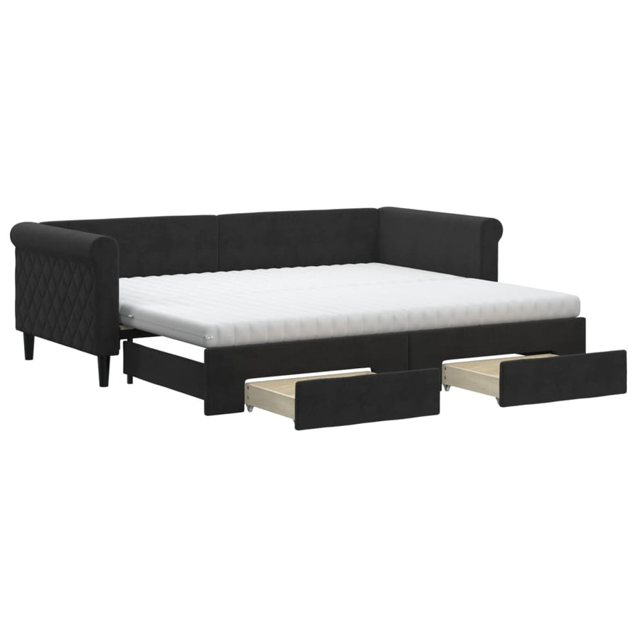 Slaapbank Met Onderschuifbed En Lades Fluweel 90 x 200 cm Zwart met onderschuifbed en lade en matras