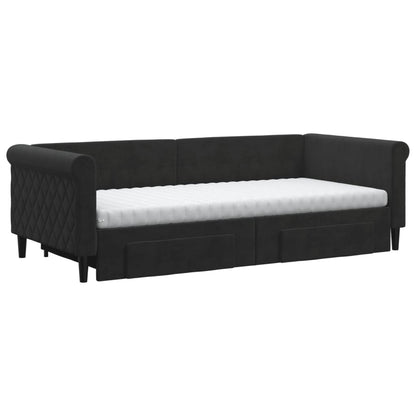 Slaapbank Met Onderschuifbed En Lades Fluweel 90 x 200 cm Zwart met onderschuifbed en lade en matras