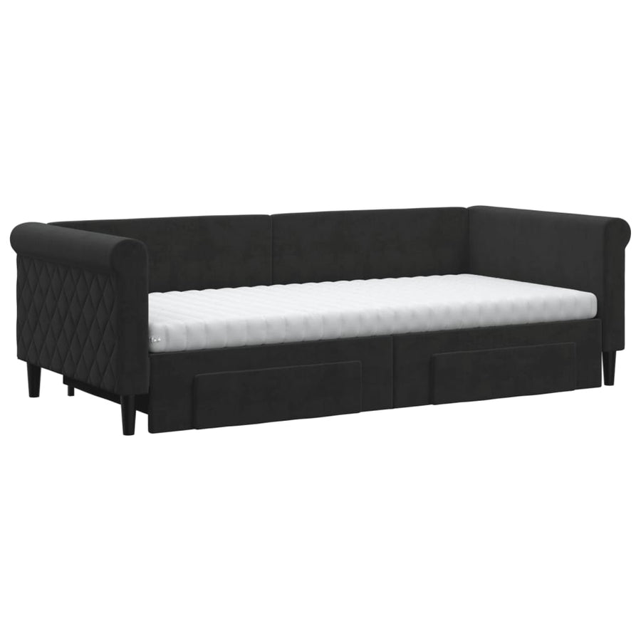 Slaapbank Met Onderschuifbed En Lades Fluweel 90 x 200 cm Zwart met onderschuifbed en lade en matras