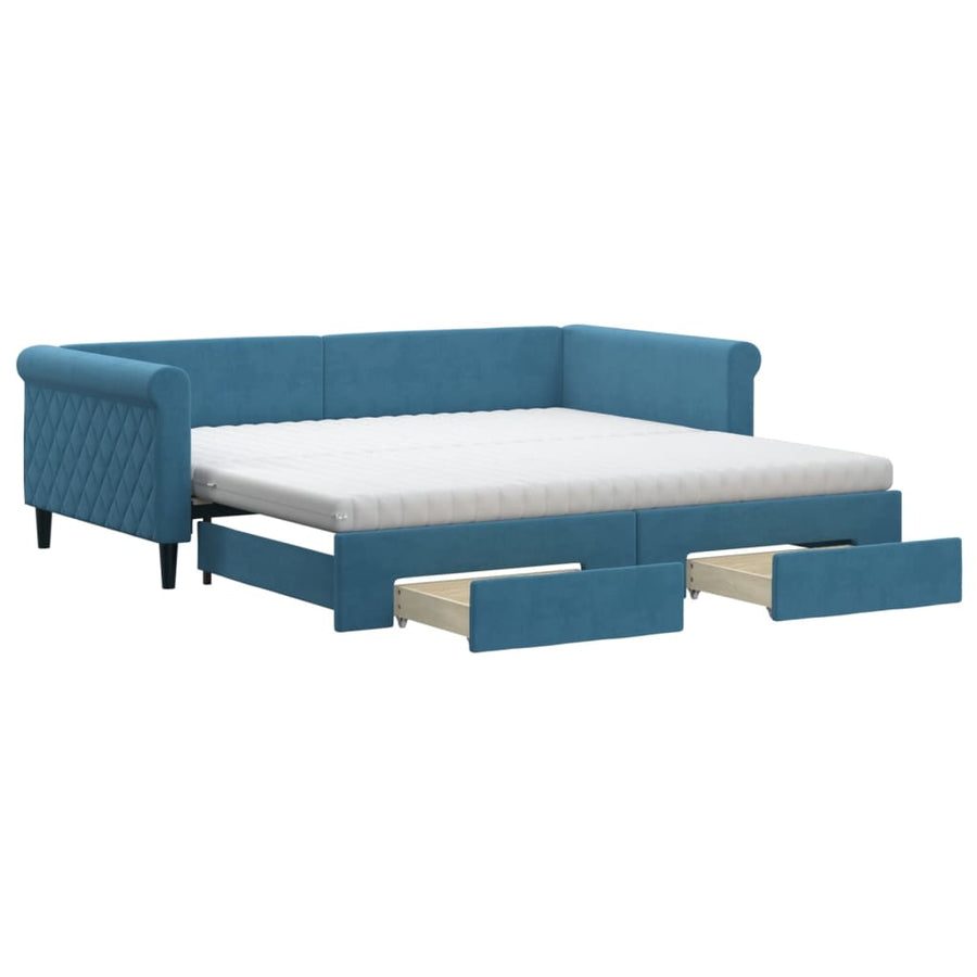 Slaapbank Met Onderschuifbed En Lades Fluweel 100 x 200 cm Blauw met onderschuifbed en lade en matras