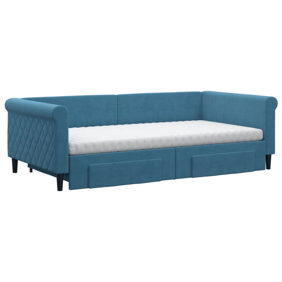 Slaapbank Met Onderschuifbed En Lades Fluweel 100 x 200 cm Blauw met onderschuifbed en lade en matras