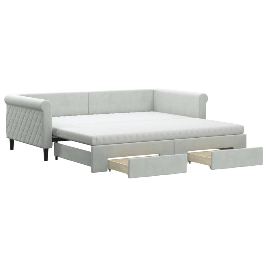 Slaapbank Onderschuifbed En Lades Fluweel 100 x 200 cm Lichtgrijs met onderschuifbed en lade en matras
