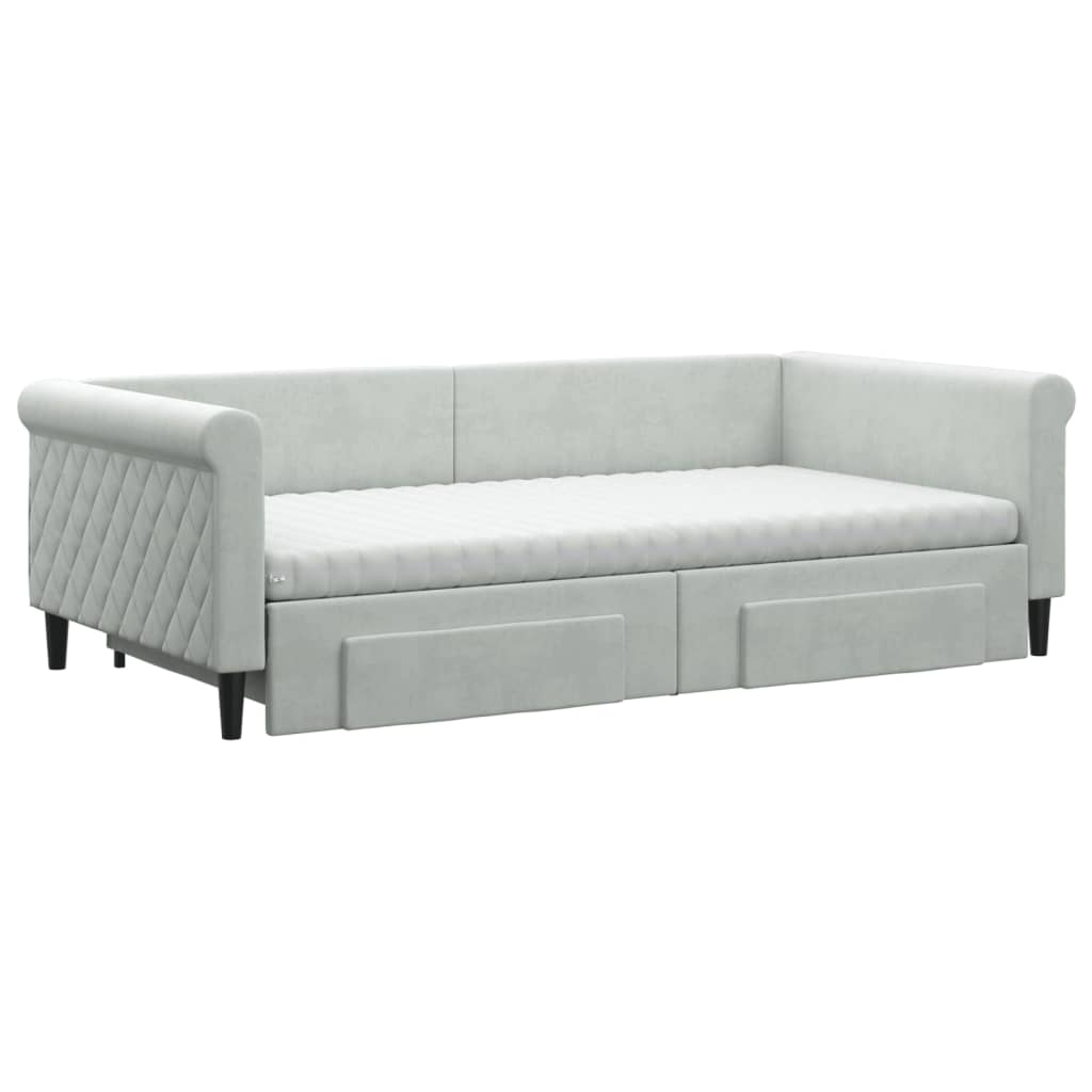 Slaapbank Onderschuifbed En Lades Fluweel 100 x 200 cm Lichtgrijs met onderschuifbed en lade en matras