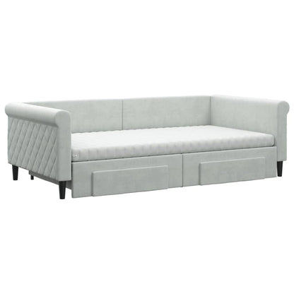Slaapbank Onderschuifbed En Lades Fluweel 100 x 200 cm Lichtgrijs met onderschuifbed en lade en matras