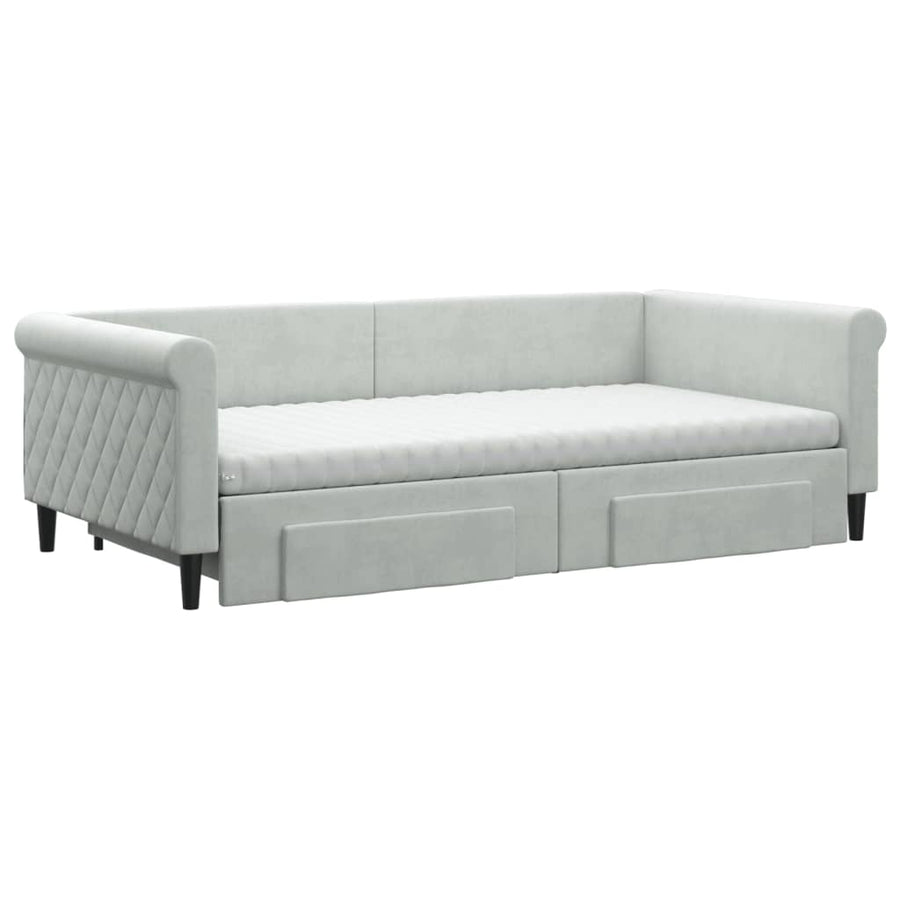 Slaapbank Onderschuifbed En Lades Fluweel 100 x 200 cm Lichtgrijs met onderschuifbed en lade en matras