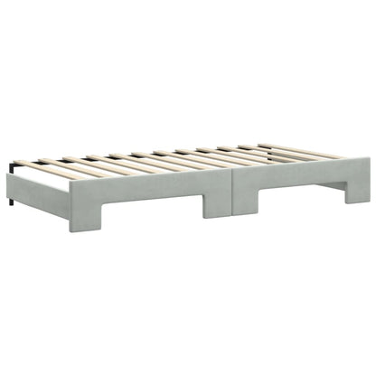 Slaapbank Onderschuifbed En Lades Fluweel 100 x 200 cm Lichtgrijs met onderschuifbed en lade en matras