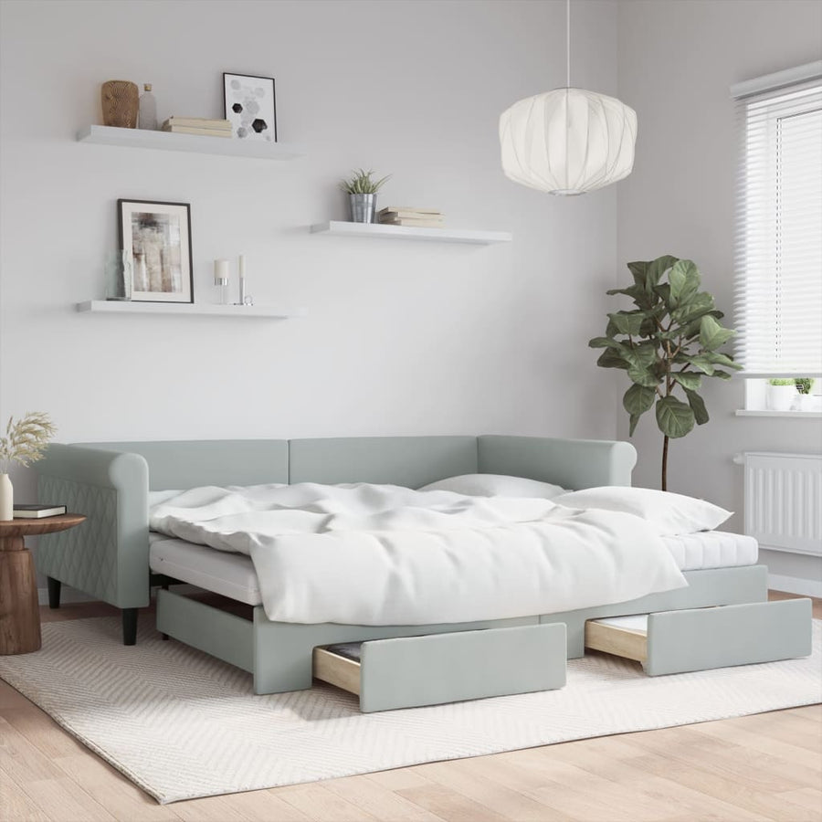 Slaapbank Onderschuifbed En Lades Fluweel 100 x 200 cm Lichtgrijs met onderschuifbed en lade en matras
