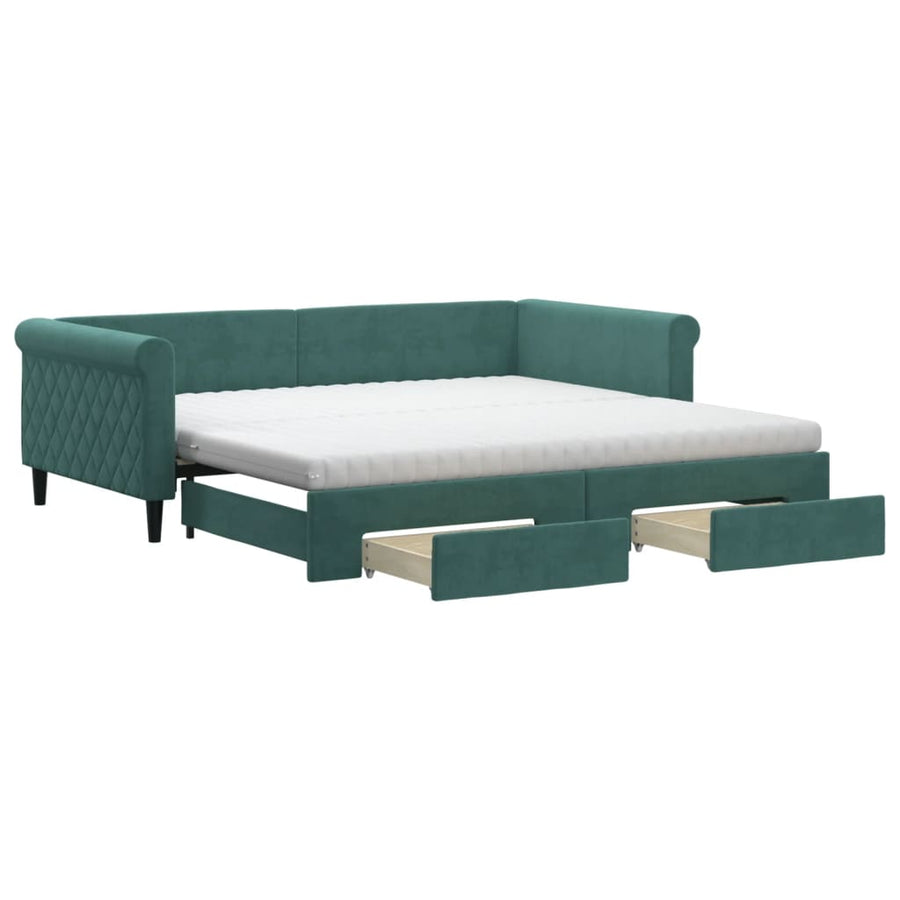 Slaapbank Onderschuifbed Lades Fluweel Donkergroen 100 x 200 cm met onderschuifbed en lade en matras