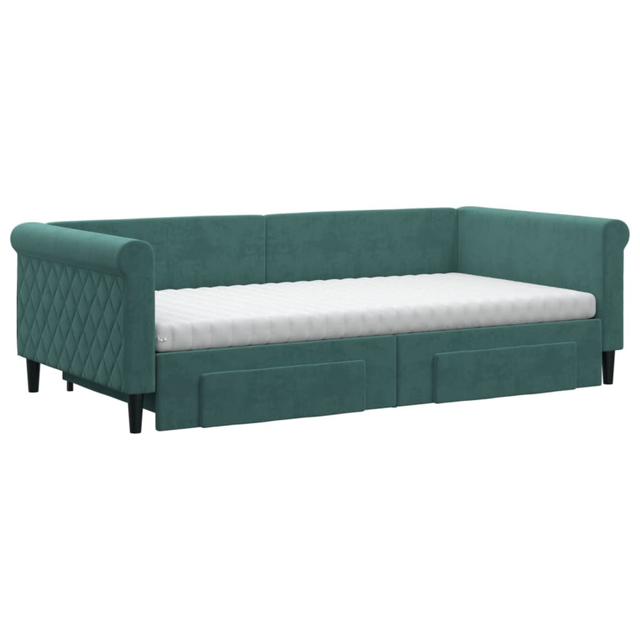 Slaapbank Onderschuifbed Lades Fluweel Donkergroen 100 x 200 cm met onderschuifbed en lade en matras