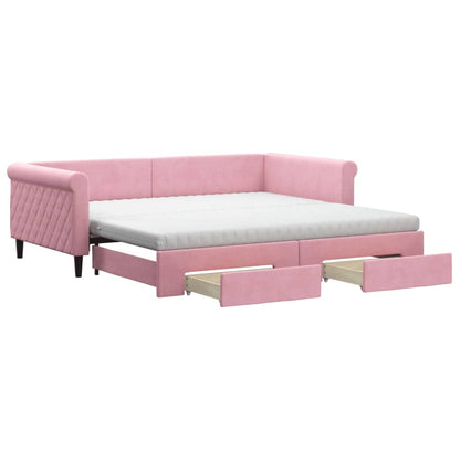 Slaapbank met onderschuifbed en lades 100x200 cm fluweel roze
