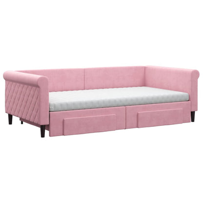 Slaapbank met onderschuifbed en lades 100x200 cm fluweel roze