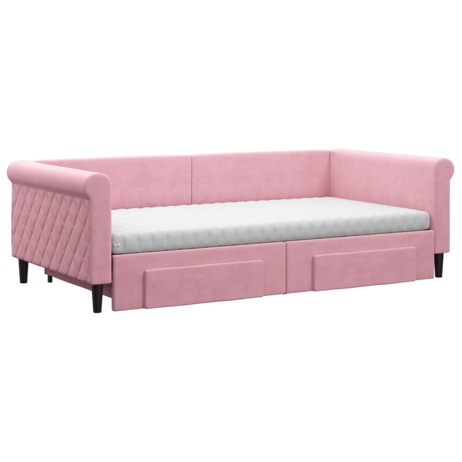 Slaapbank met onderschuifbed en lades 100x200 cm fluweel roze