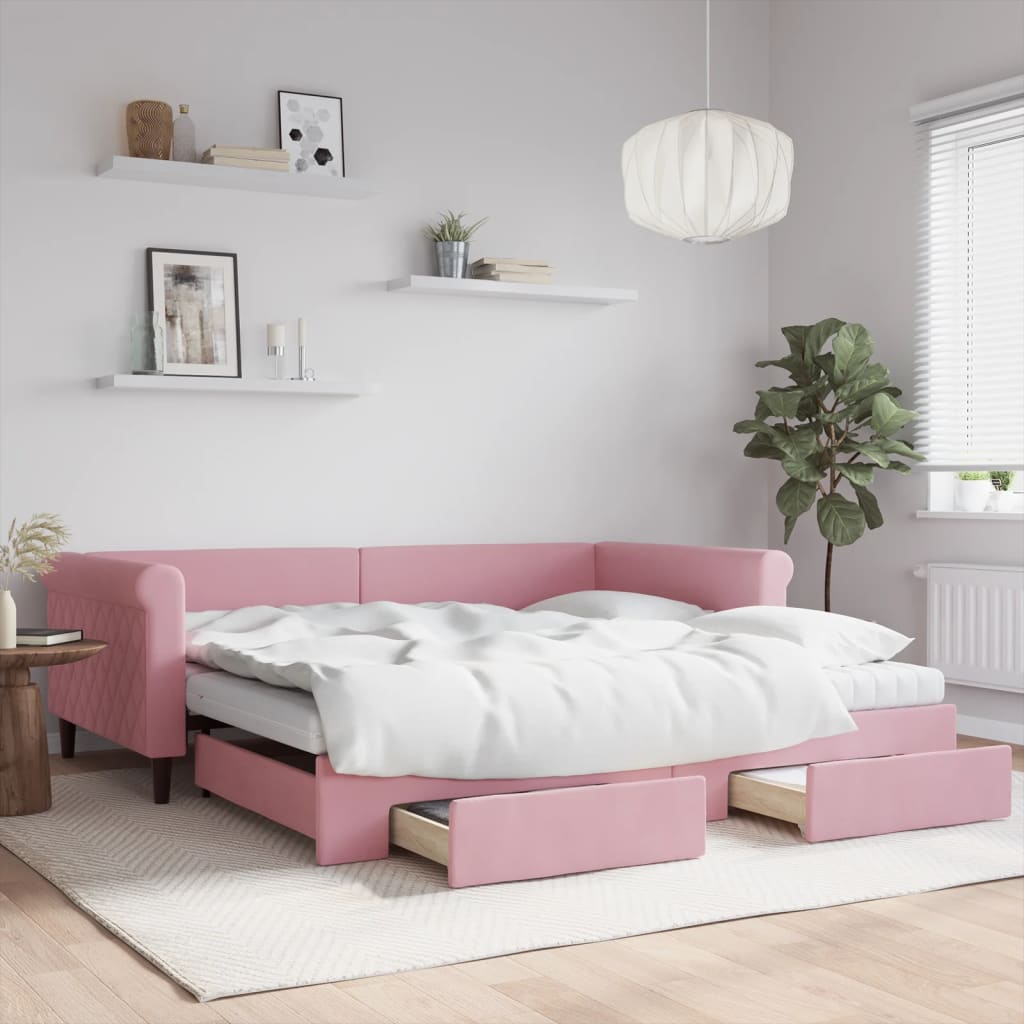 Slaapbank met onderschuifbed en lades 100x200 cm fluweel roze