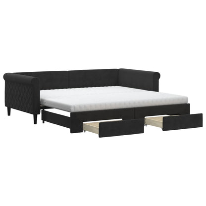 Slaapbank Met Onderschuifbed En Lades Fluweel 100 x 200 cm Zwart met onderschuifbed en lade en matras