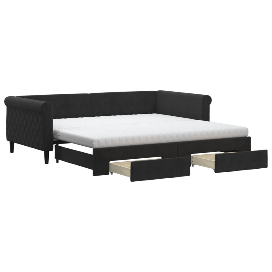 Slaapbank Met Onderschuifbed En Lades Fluweel 100 x 200 cm Zwart met onderschuifbed en lade en matras