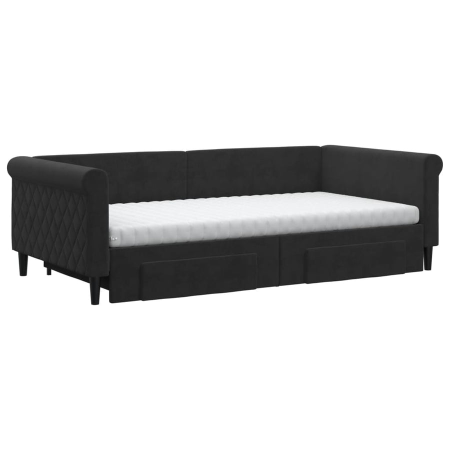 Slaapbank Met Onderschuifbed En Lades Fluweel 100 x 200 cm Zwart met onderschuifbed en lade en matras