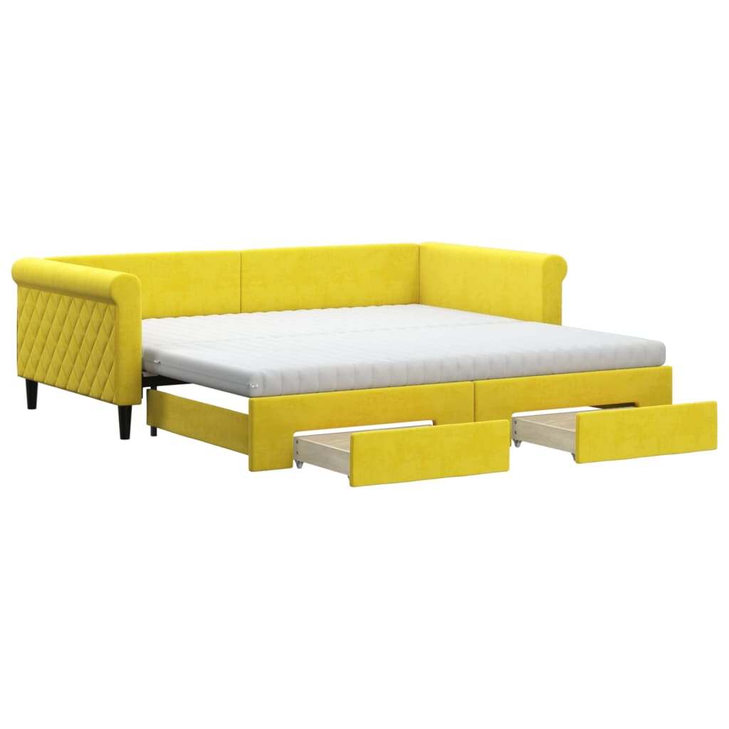 Slaapbank met onderschuifbed en lades 100x200 cm fluweel geel