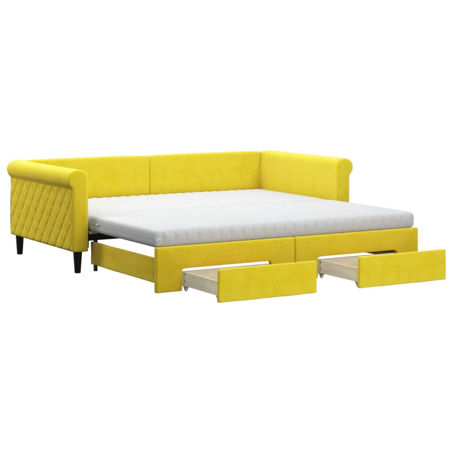 Slaapbank met onderschuifbed en lades 100x200 cm fluweel geel