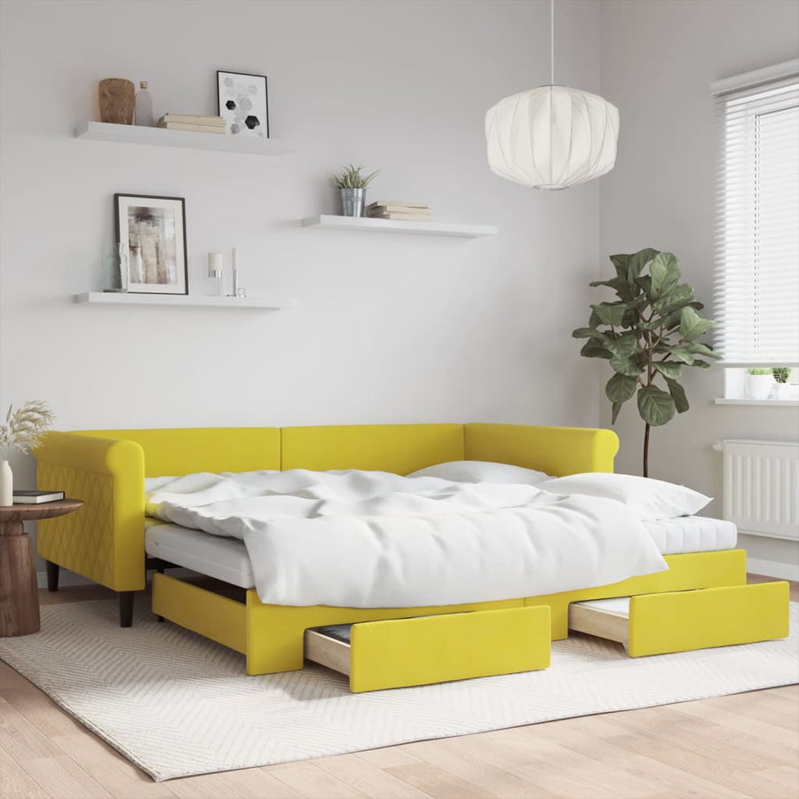 Slaapbank met onderschuifbed en lades 100x200 cm fluweel geel