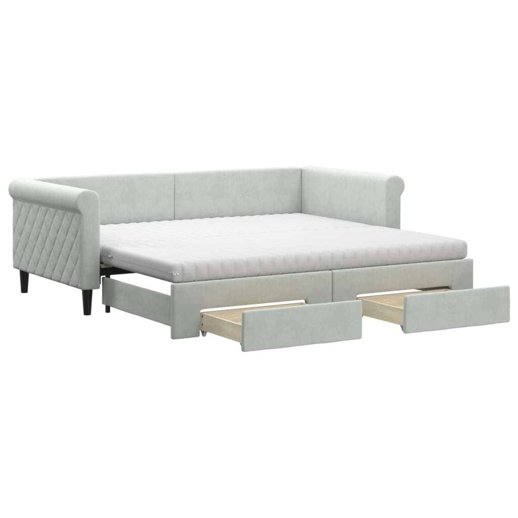 Slaapbank Onderschuifbed En Lades Fluweel 90 x 190 cm Lichtgrijs met onderschuifbed en lade en matras