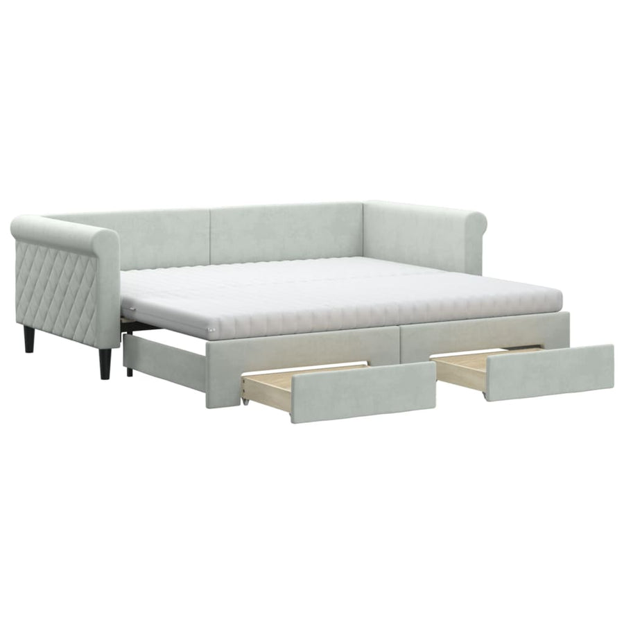 Slaapbank Onderschuifbed En Lades Fluweel 90 x 190 cm Lichtgrijs met onderschuifbed en lade en matras