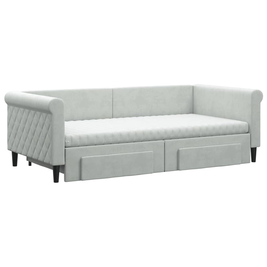 Slaapbank Onderschuifbed En Lades Fluweel 90 x 190 cm Lichtgrijs met onderschuifbed en lade en matras