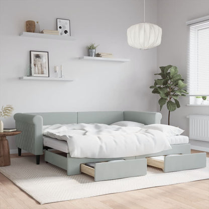 Slaapbank Onderschuifbed En Lades Fluweel 90 x 190 cm Lichtgrijs met onderschuifbed en lade en matras