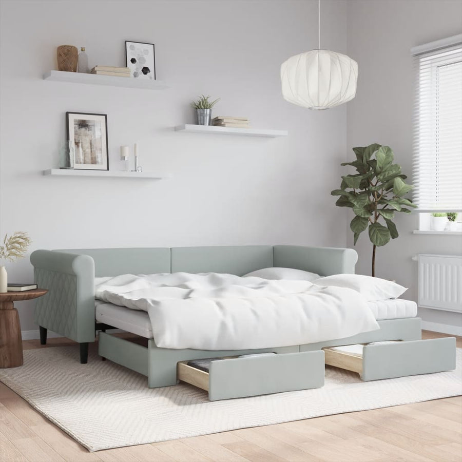 Slaapbank Onderschuifbed En Lades Fluweel 90 x 190 cm Lichtgrijs met onderschuifbed en lade en matras