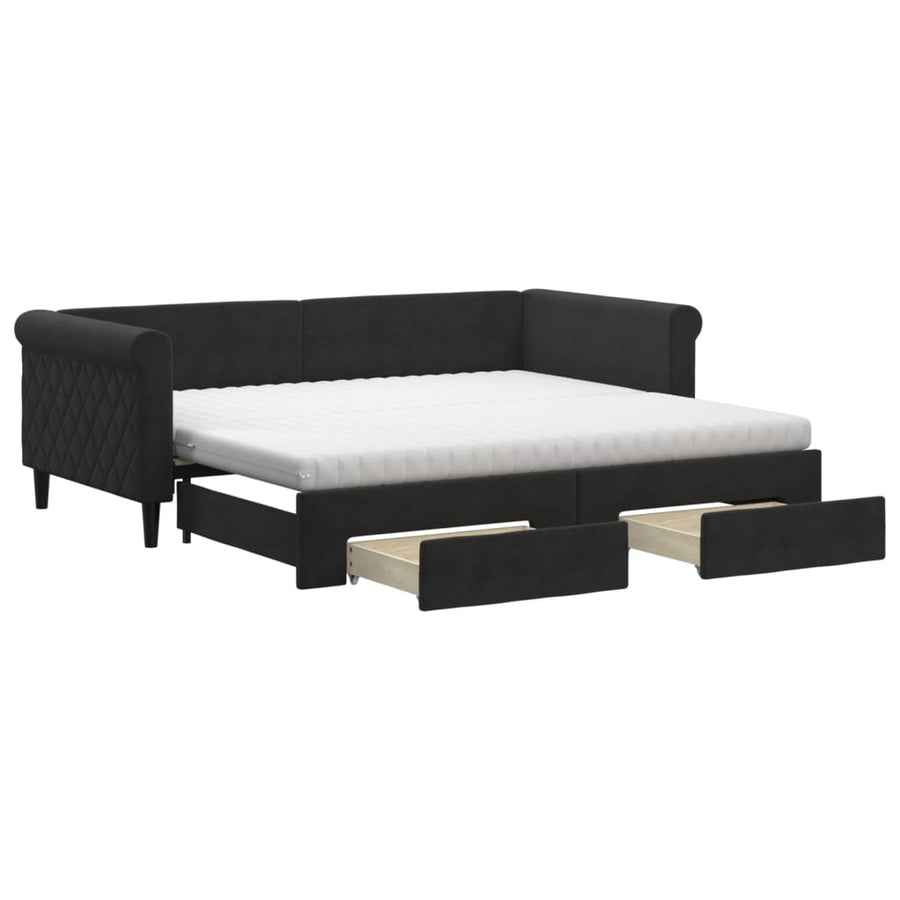 Slaapbank Met Onderschuifbed En Lades Fluweel 90 x 190 cm Zwart met onderschuifbed en lade en matras