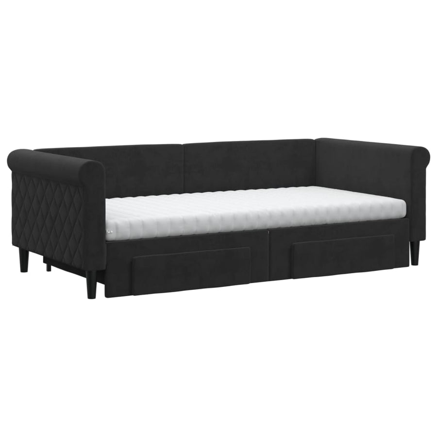 Slaapbank Met Onderschuifbed En Lades Fluweel 90 x 190 cm Zwart met onderschuifbed en lade en matras