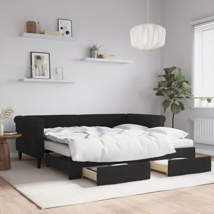 Slaapbank Met Onderschuifbed En Lades Fluweel 90 x 190 cm Zwart met onderschuifbed en lade en matras