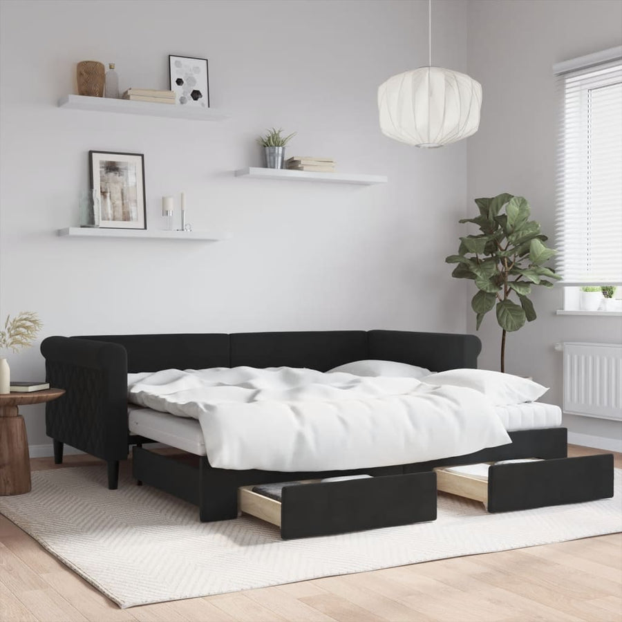 Slaapbank Met Onderschuifbed En Lades Fluweel 90 x 190 cm Zwart met onderschuifbed en lade en matras