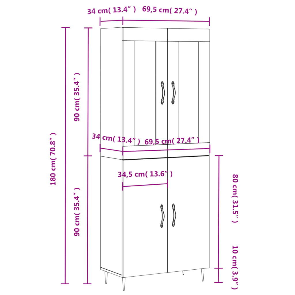 Hoge kast 69,5x34x180 cm bewerkt hout betongrijs