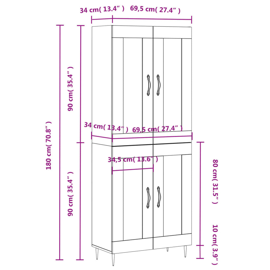 Hoge kast 69,5x34x180 cm bewerkt hout betongrijs