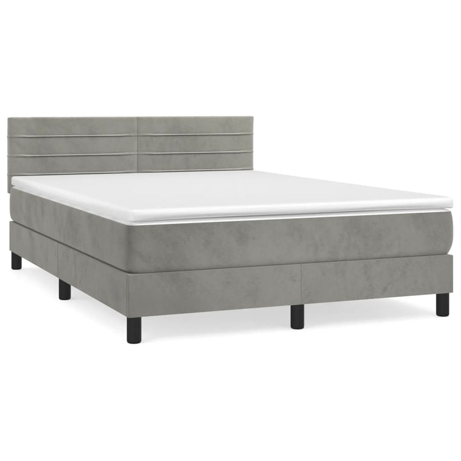 Boxspring Met Matras Fluweel Lichtgrijs 140 x 190 cm Horizontale strepen