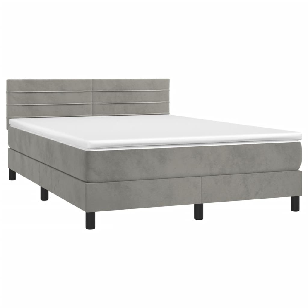 Boxspring Met Matras Fluweel Lichtgrijs 140 x 190 cm Horizontale strepen