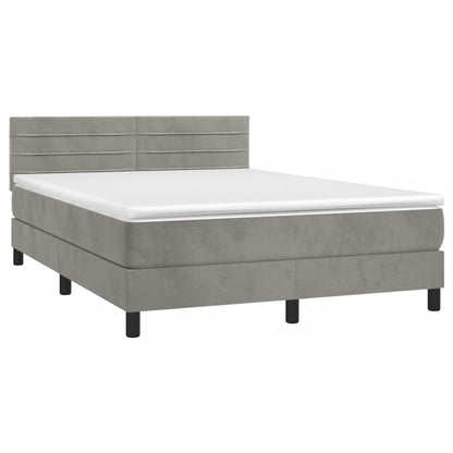 Boxspring Met Matras Fluweel Lichtgrijs 140 x 190 cm Horizontale strepen