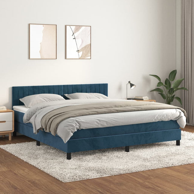 Boxspring met matras fluweel donkerblauw 160x200 cm 160 x 200 cm Verticale strepen