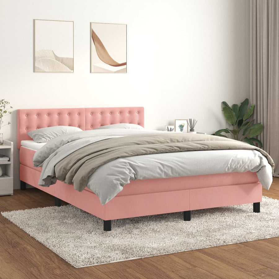 Boxspring Met Matras Fluweel Roze 140 x 200 cm Knopen