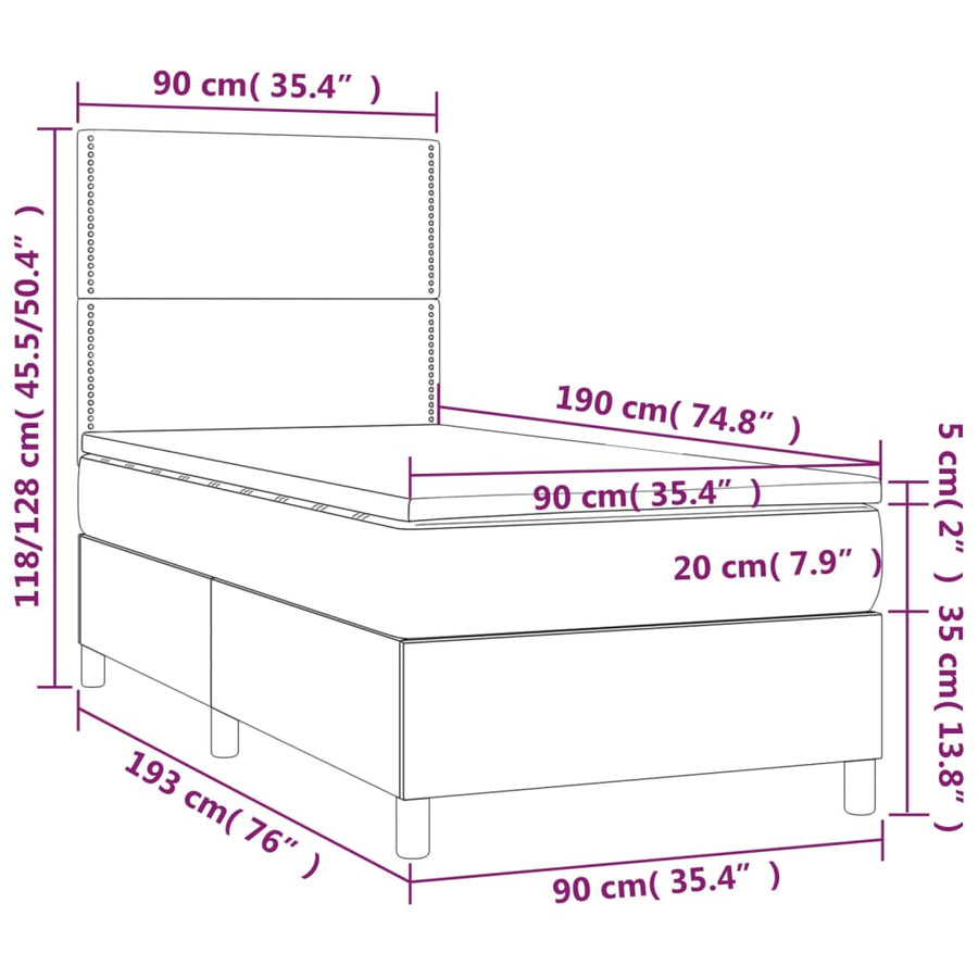 Boxspring met matras stof crèmekleurig 90x190 cm 90 x 190 cm Effen met spijkers