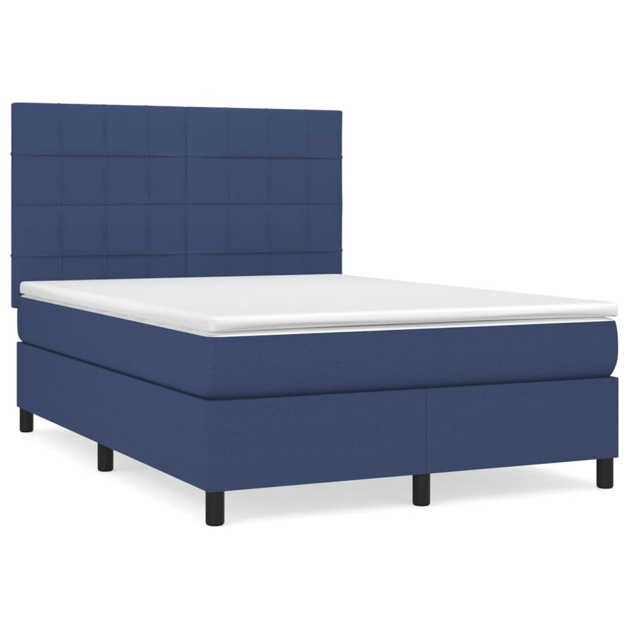 Boxspring Met Matras Stof Blauw 140 x 200 cm Blok met vierkanten