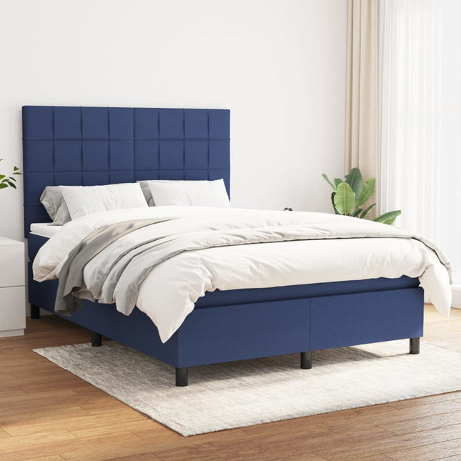 Boxspring Met Matras Stof Blauw 140 x 200 cm Blok met vierkanten