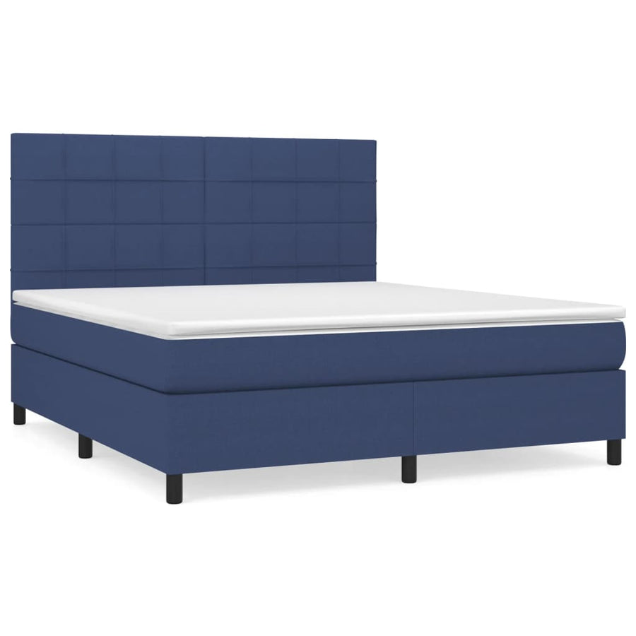 Boxspring Met Matras Stof Blauw 160 x 200 cm Blok met vierkanten