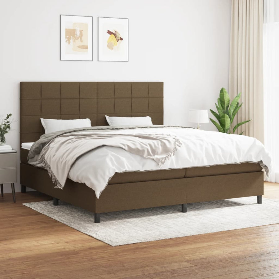 Boxspring Met Matras Stof Donkerbruin 200X200 Cm 200 x 200 cm Blok met vierkanten