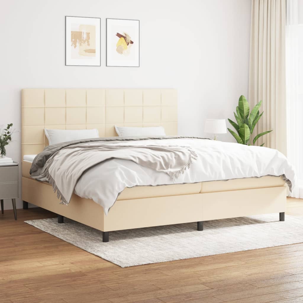 Boxspring Met Matras Stof Kleurig Crème 200 x 200 cm Blok met vierkanten