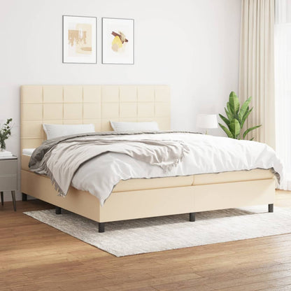 Boxspring Met Matras Stof Kleurig Crème 200 x 200 cm Blok met vierkanten